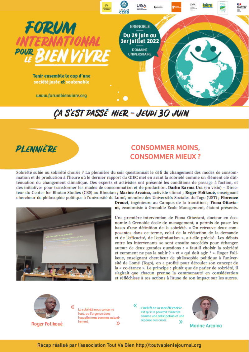 Jeudi 30 juin au Forum International pour le Bien Vivre